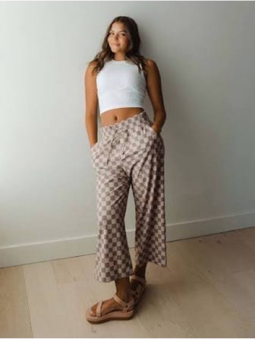Albion Audrey Wide Leg Pants, Brown Checkers Size XXS